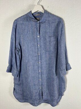 Chico's Womens Linen No Iron 3/4 Sleeve Embroidered Button Up Shirt Size 2 Blue